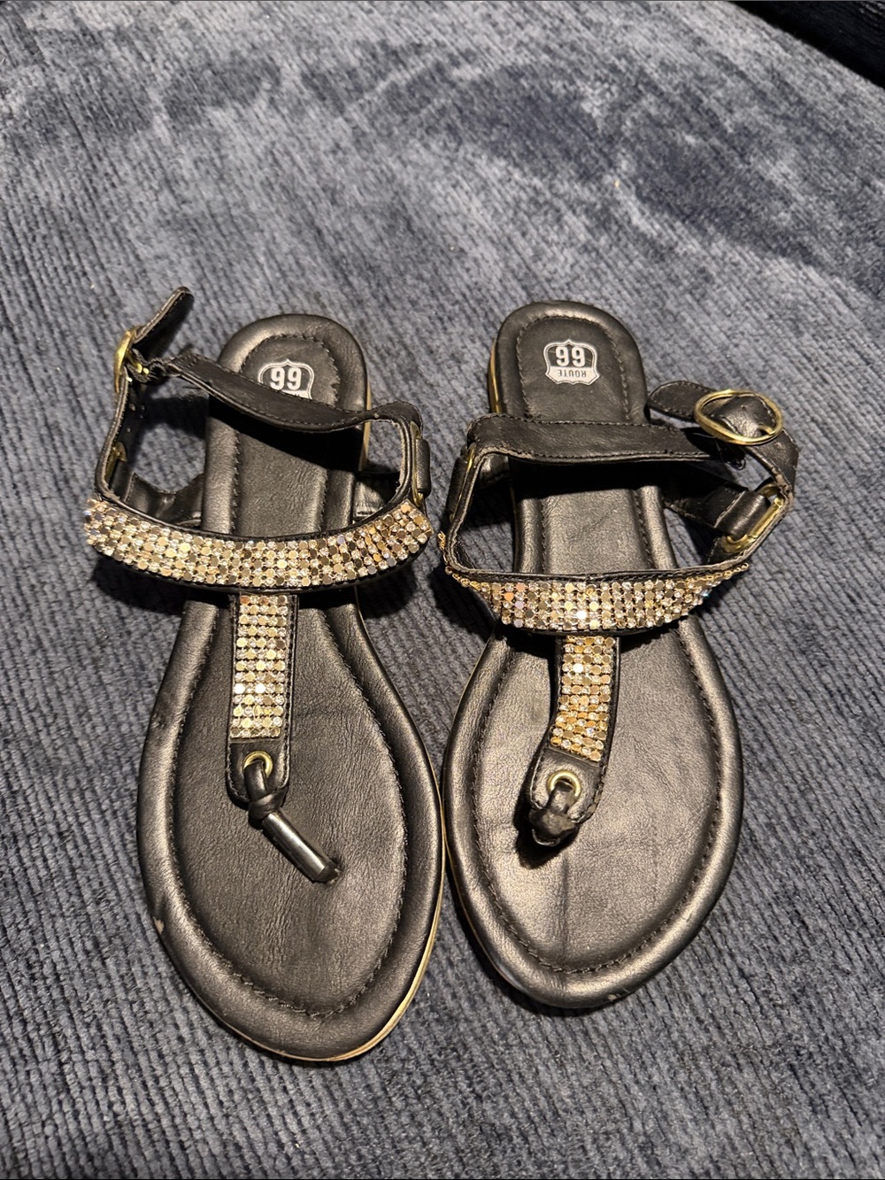 Route 66 Black Sandals with Gold Rhinestone Accents